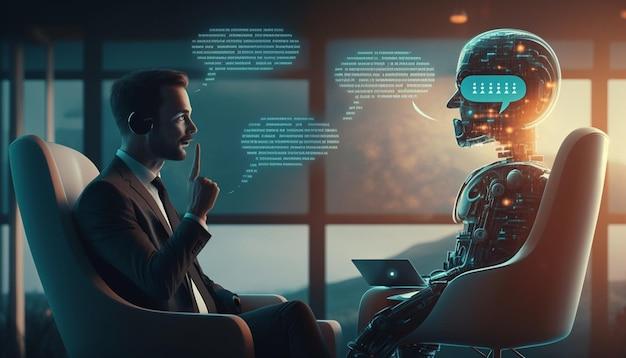Photo a robot with a man in a suit talking to a man in a suit.